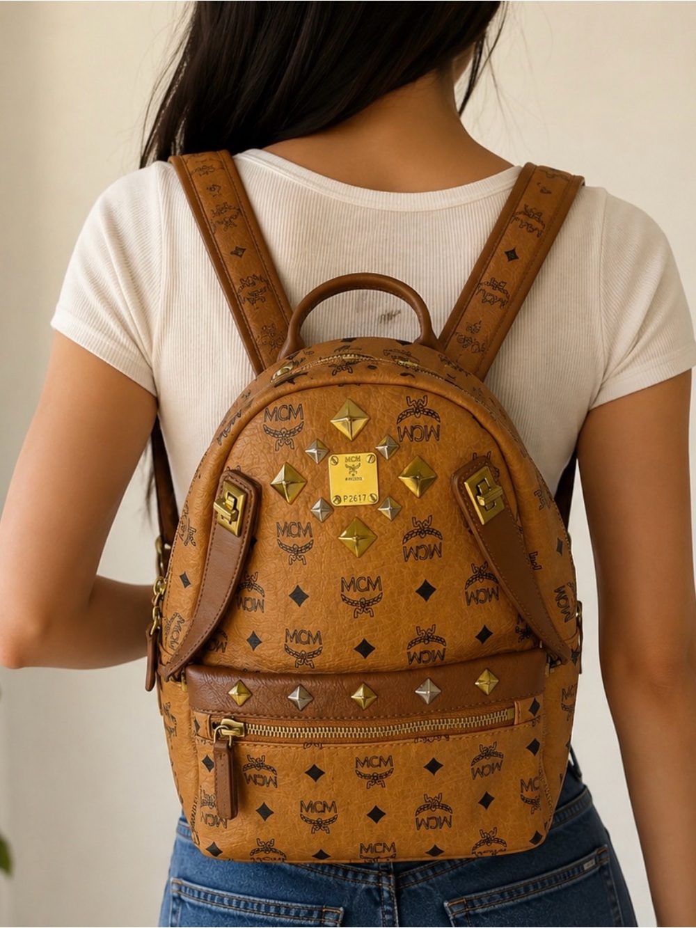 MCM Cognac Visetos Monogram Studded 2- Way Backpack Removable Pouch and Strap